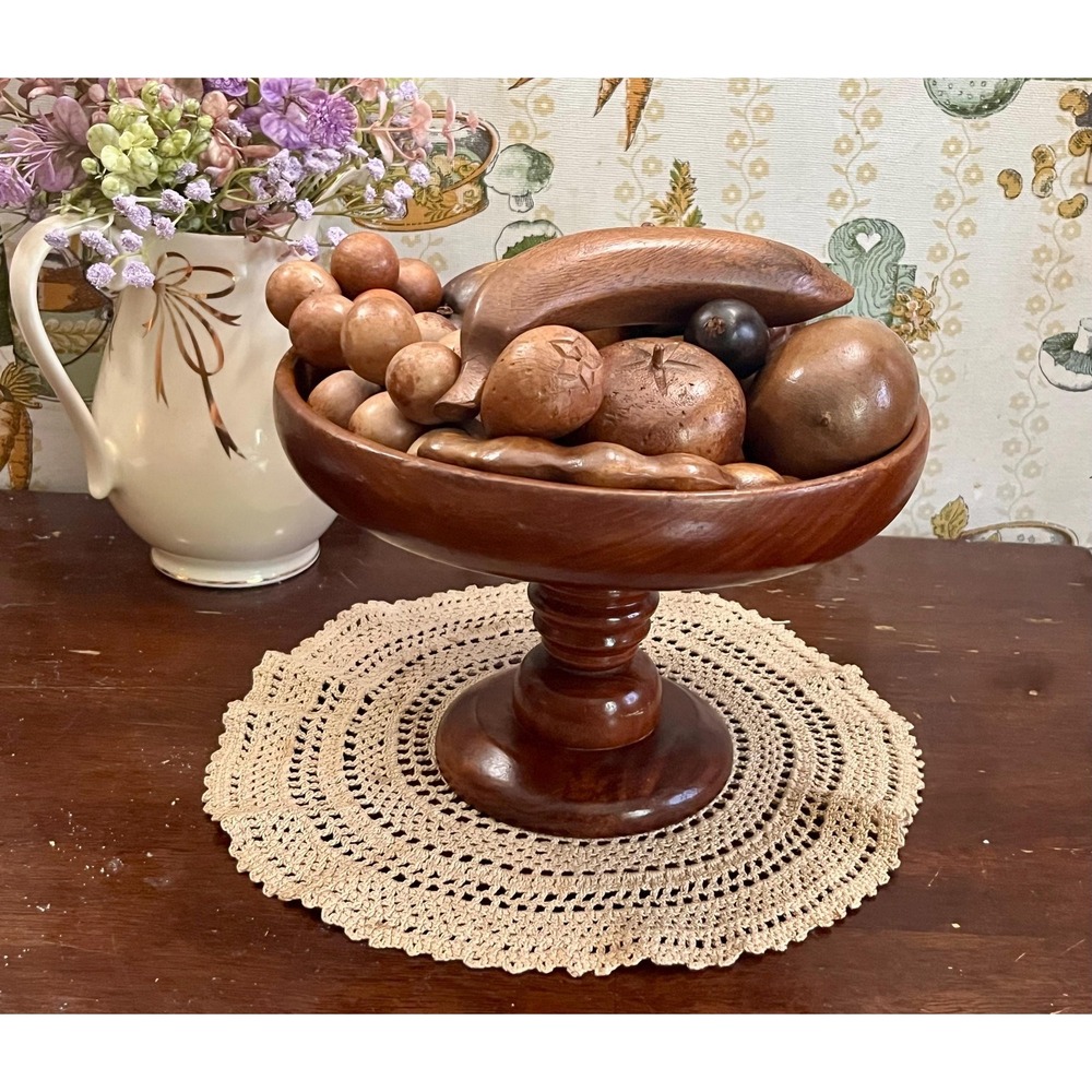 Vintage MCM Hand-Carved Wooden Fruit Bowl Centerpiece 15 Piece Set